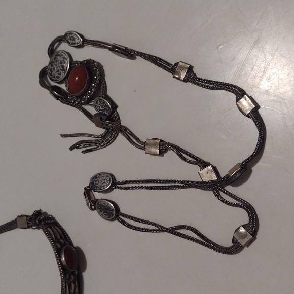 Antique Art Deco Turkish Snake Chain Heavy Silver Metal Necklace Bracelet Set - Picture 11 of 16